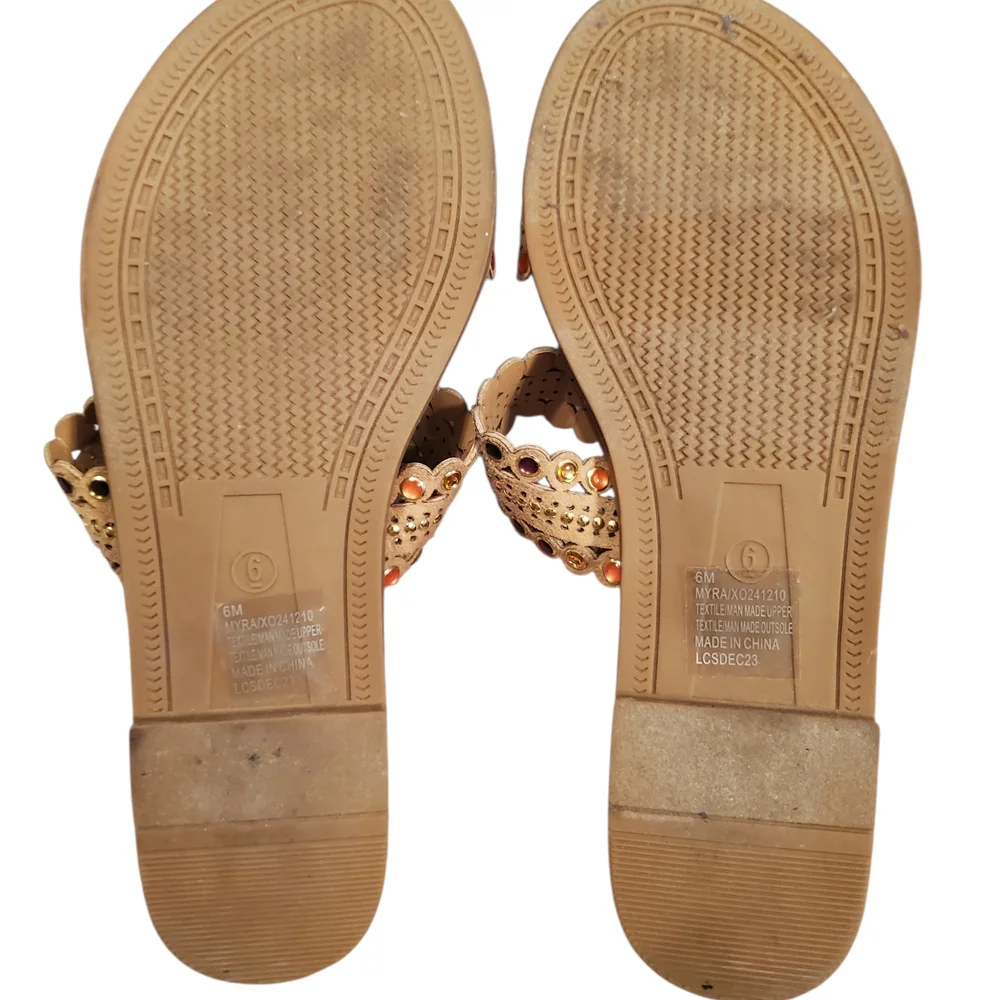 Womens Size 6 XOXO Tan Sandals with Colorful Embellishments